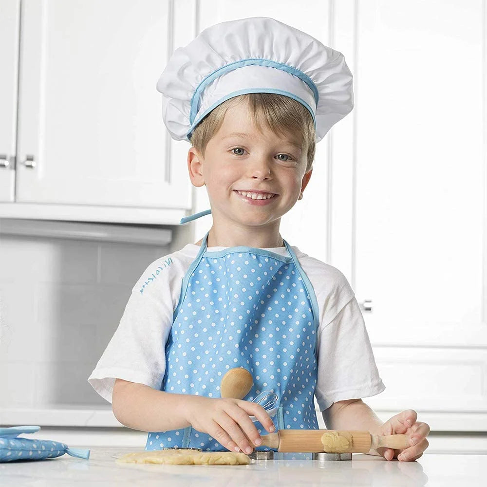 Kids Cooking Set, 11 Piece Chef Role Play Kit for Girls Ages 3-8, Includes Apron, Chef Hat, Oven Mitt, Utensils & Baking Tools, Pretend Play Kitchen Gift, Blue